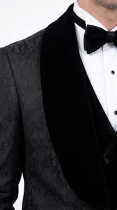 Men’s Black With Velvet collar 3 Piece Tuxedo Suit – Floral Jacquard Dinner Jacket with  Vest and Bowtie