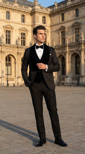Men’s Black With Velvet collar 3 Piece Tuxedo Suit – Floral Jacquard Dinner Jacket with  Vest and Bowtie