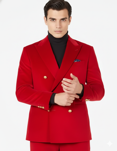 Mens Blazer - Six Button Color Velvet Blazer - Red Double Breasted Blazer