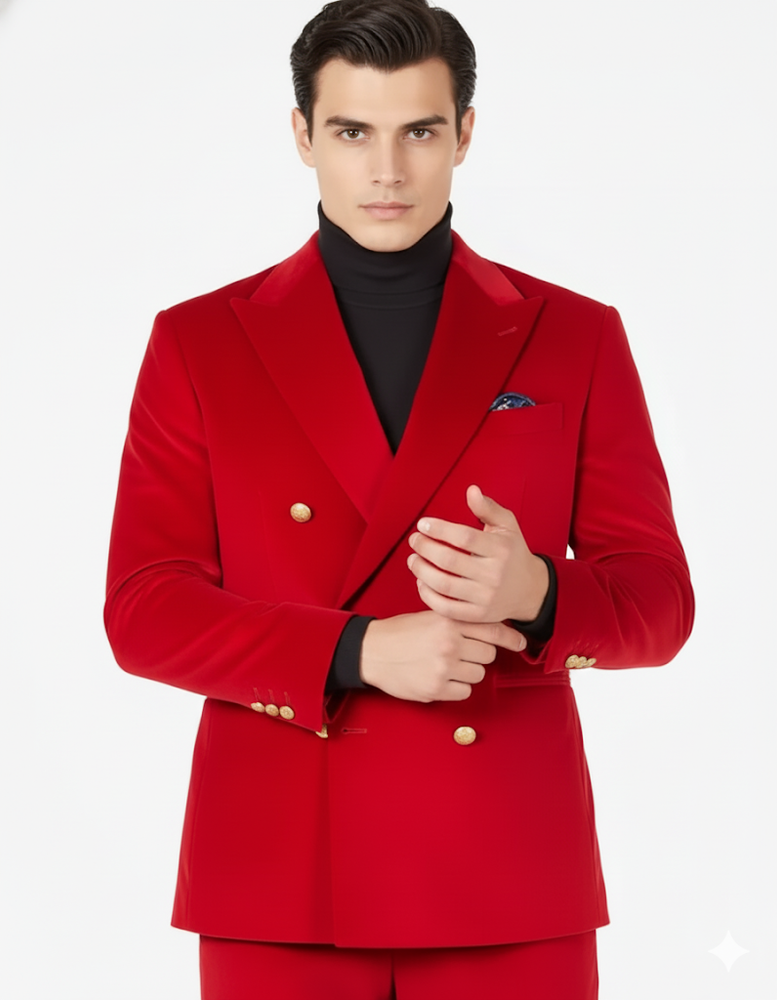 Mens Blazer - Six Button Color Velvet Blazer - Red Double Breasted Blazer