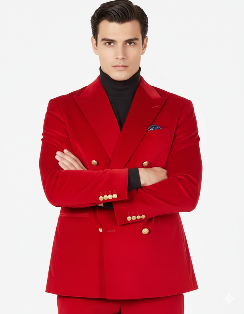 Mens Blazer - Six Button Color Velvet Blazer - Red Double Breasted Blazer