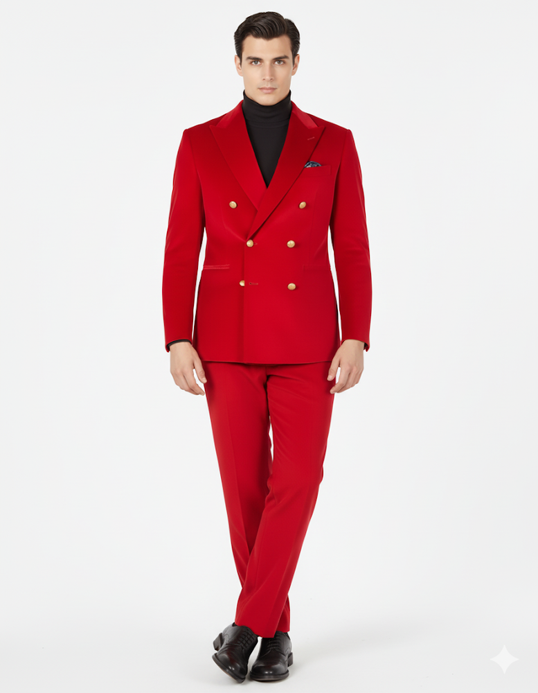 Mens Blazer - Six Button Color Velvet Blazer - Red Double Breasted Blazer