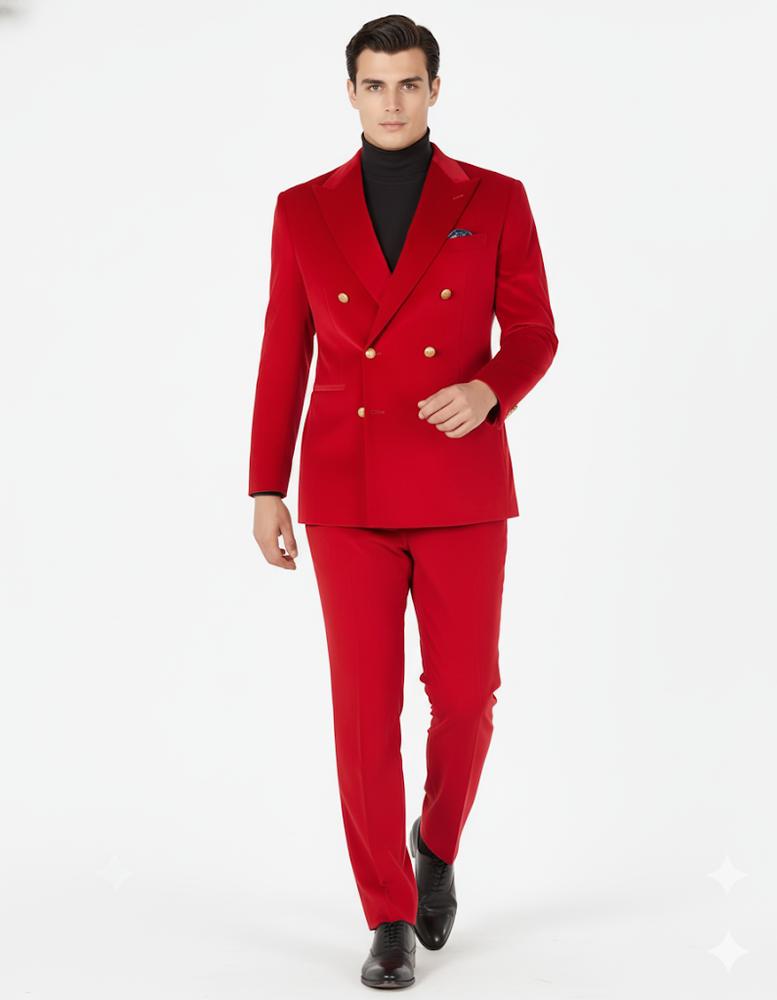Mens Blazer - Six Button Color Velvet Blazer - Red Double Breasted Blazer