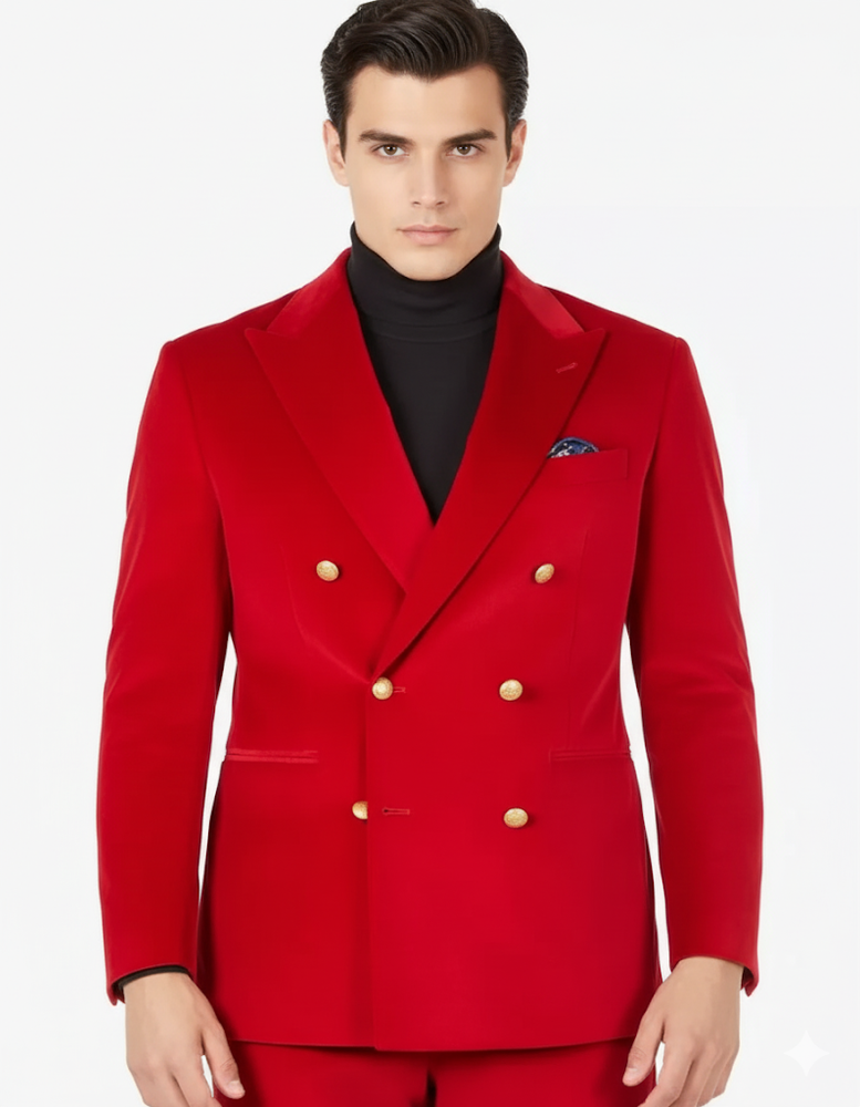 Mens Blazer - Six Button Color Velvet Blazer - Red Double Breasted Blazer