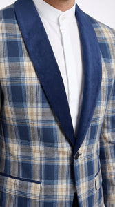 Mens Blue and White - Royal Plaid Tuxedo Suit Set – Checkered Prom Suit with Navy Pants Christmas Holiday New Year Jacket