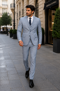 Men’s Blue Plaid 3-Piece Tailored Fit Suit with Vest