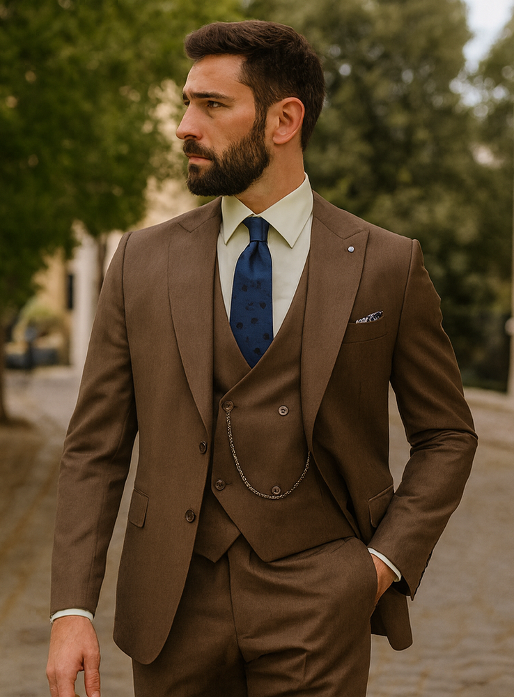 Luxury Brown Suit with Chain and Pocket Square – Modern Formal Style