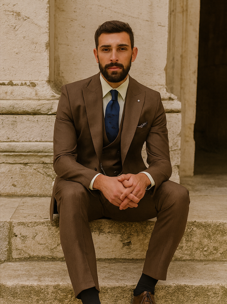 Luxury Brown Suit with Chain and Pocket Square – Modern Formal Style