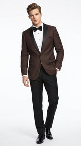 Mens Brown Dinner Jacket with Black Pants – Satin Lapel Tuxedo Suit for Weddings & Formal Events