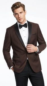 Mens Brown Dinner Jacket with Black Pants – Satin Lapel Tuxedo Suit for Weddings & Formal Events
