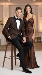 Mens Brown Dinner Jacket with Black Pants – Satin Lapel Tuxedo Suit for Weddings & Formal Events