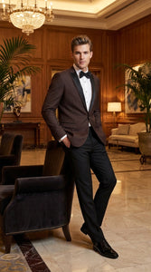 Mens Brown Dinner Jacket with Black Pants – Satin Lapel Tuxedo Suit for Weddings & Formal Events