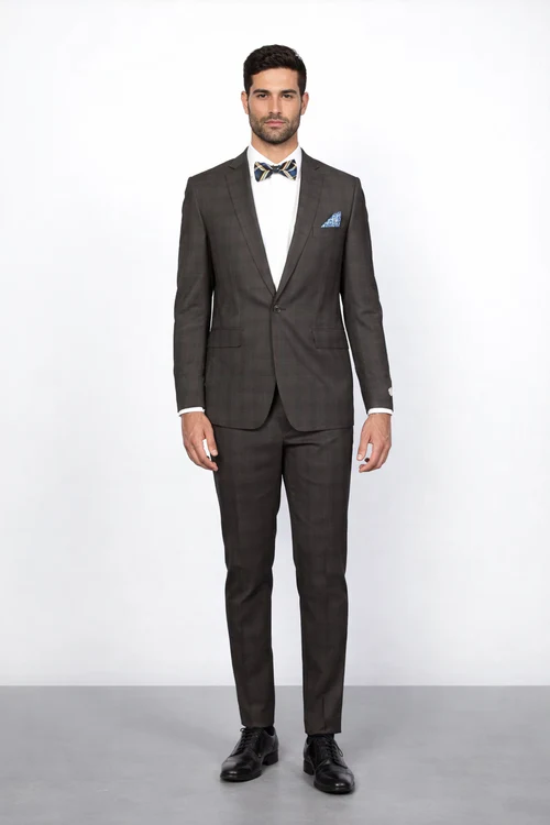 Men’s Brown Plaid Slim Fit Suit by Rossiman Rossi | Peak Lapel Jacket & Tapered Pants – Italian Tailored 3-Piece Classic Suit