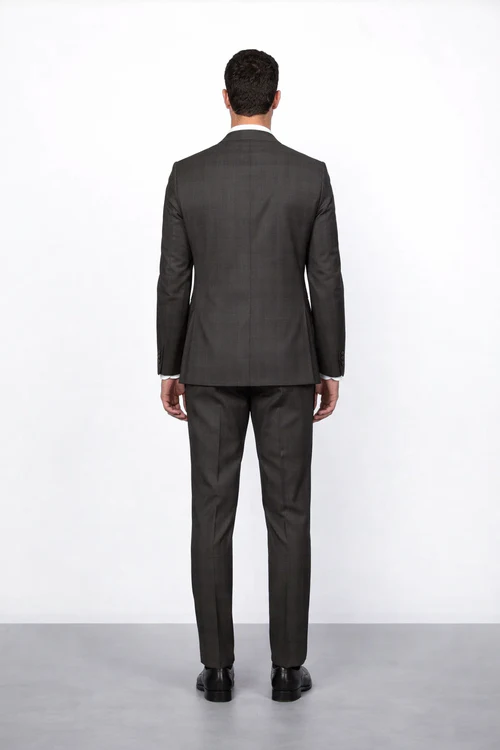 Men’s Brown Plaid Slim Fit Suit by Rossiman Rossi | Peak Lapel Jacket & Tapered Pants – Italian Tailored 3-Piece Classic Suit
