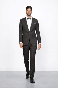 Men’s Brown Plaid Slim Fit Suit by Rossiman Rossi | Peak Lapel Jacket & Tapered Pants – Italian Tailored 3-Piece Classic Suit