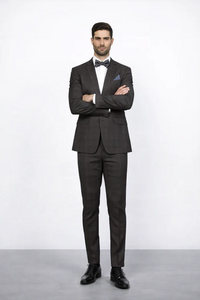 Men’s Brown Plaid Slim Fit Suit by Rossiman Rossi | Peak Lapel Jacket & Tapered Pants – Italian Tailored 3-Piece Classic Suit