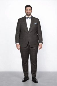 Men’s Brown Plaid Slim Fit Suit by Rossiman Rossi | Peak Lapel Jacket & Tapered Pants – Italian Tailored 3-Piece Classic Suit
