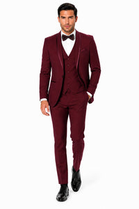 Maroon Prom Suit - Maroon Prom Tuxedo Suits - Maroon Wedding Tuxedo Mens One Button Satin Trim Shawl Tuxedo in Burgundy Wool