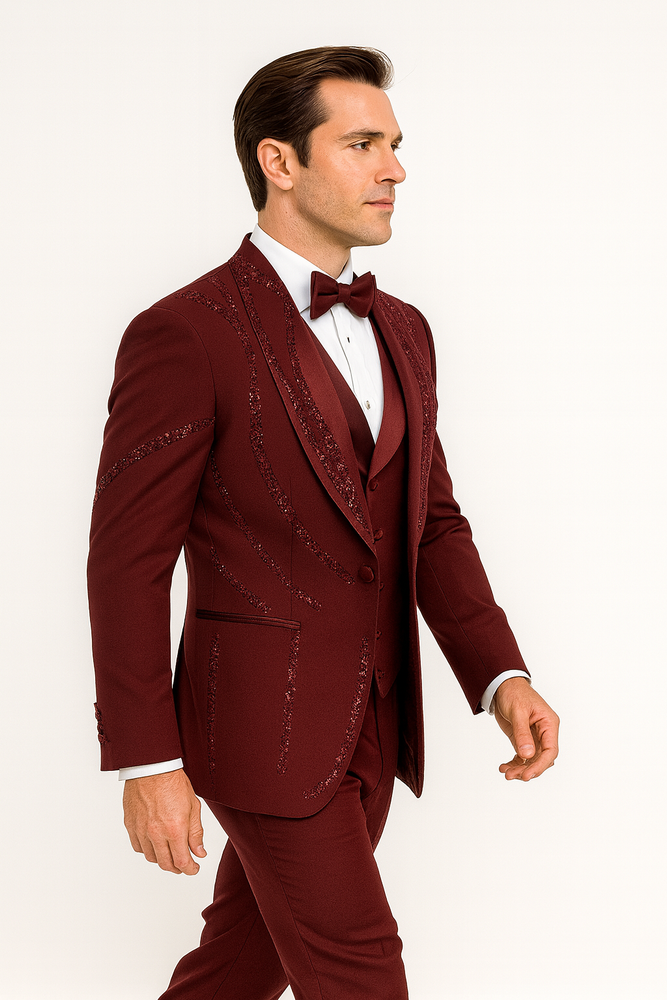 Men’s Burgundy Italian Wool 3-Piece Modern Formal Tuxedo