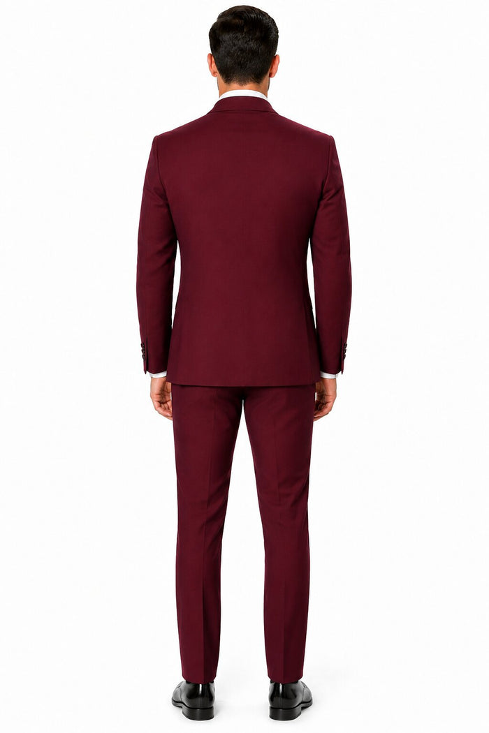 Mens One Button Satin Trim Shawl Tuxedo in Burgundy Wool