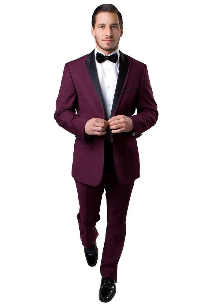 Mens Burgundy Slim Fit Tux with Satin Trim Peak Lapel - Bryan Michaels - USA Men's Outlet