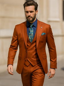 Fashionable Orange Groom Suit – Three-Piece Set with Tie & Vest