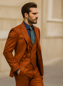 Fashionable Orange Groom Suit – Three-Piece Set with Tie & Vest