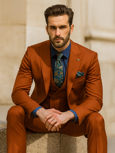 Fashionable Orange Groom Suit – Three-Piece Set with Tie & Vest