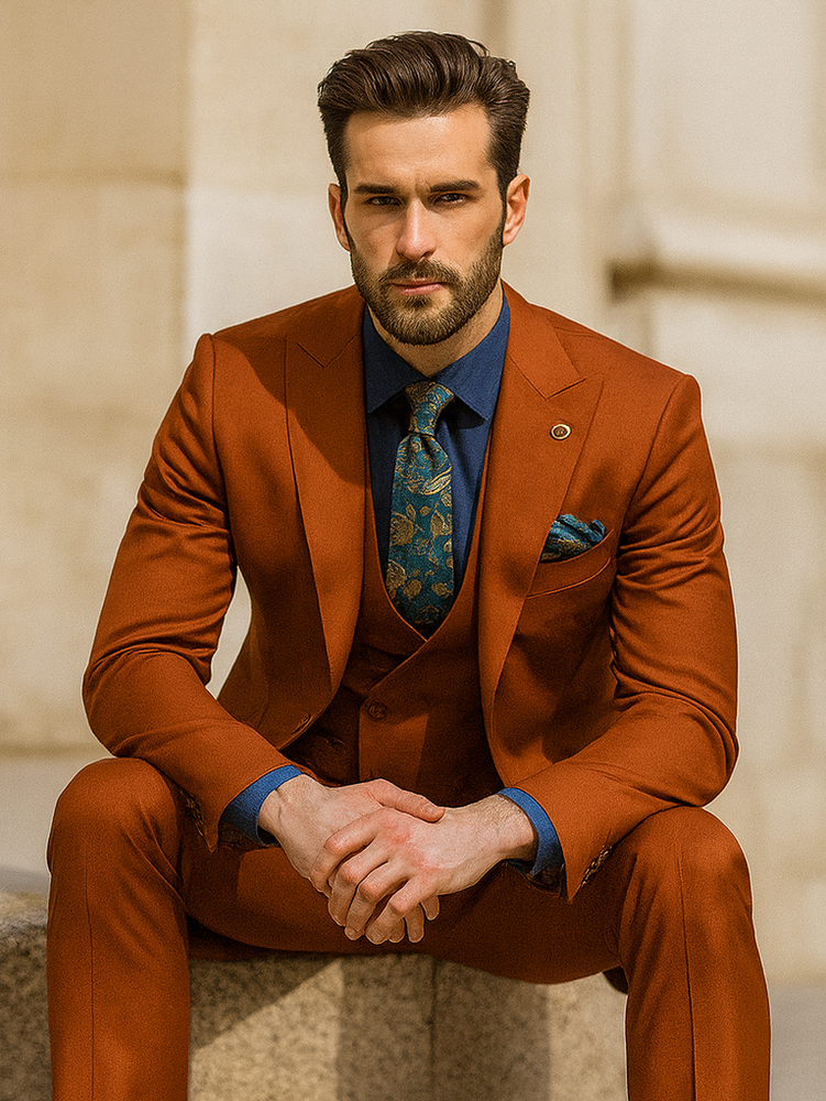 Fashionable Orange Groom Suit – Three-Piece Set with Tie & Vest