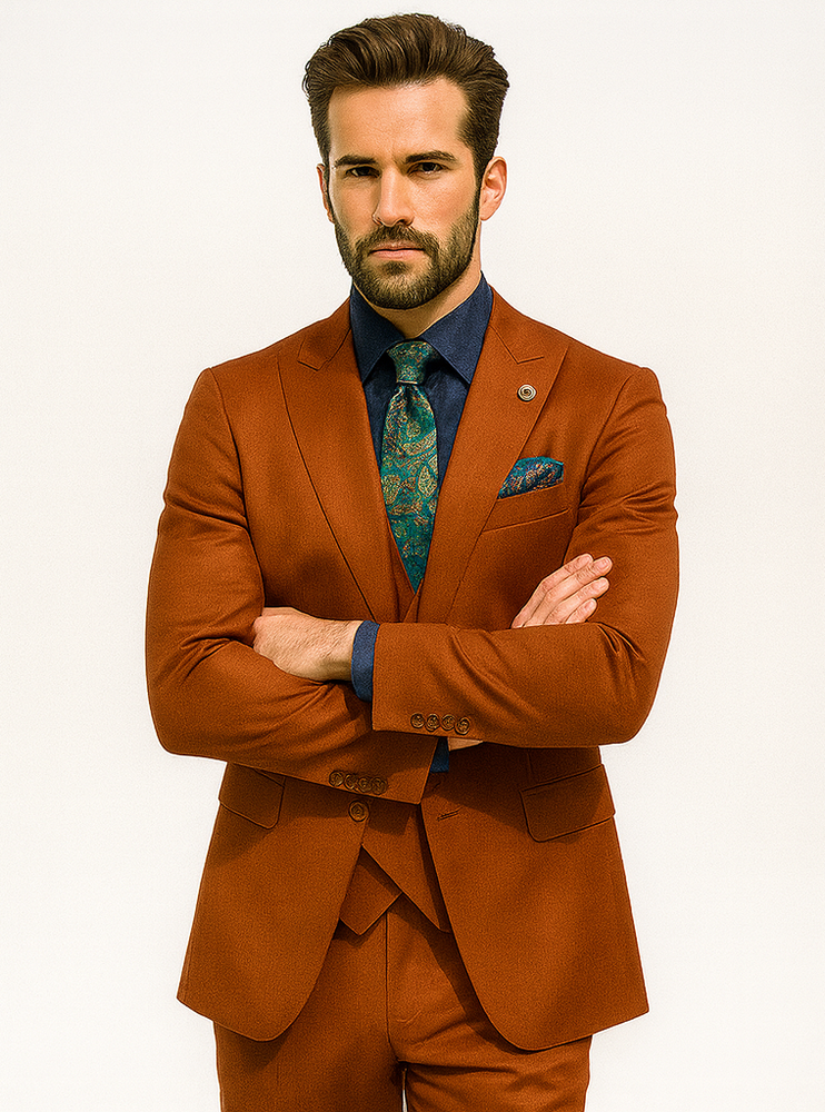 Fashionable Orange Groom Suit – Three-Piece Set with Tie & Vest