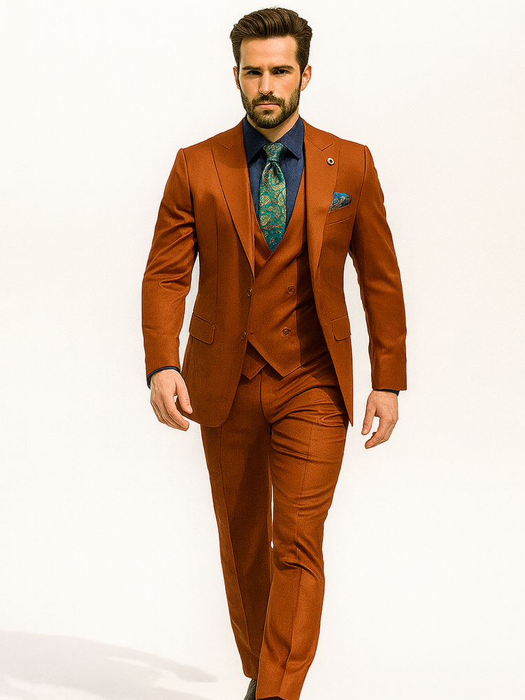 Fashionable Orange Groom Suit – Three-Piece Set with Tie & Vest