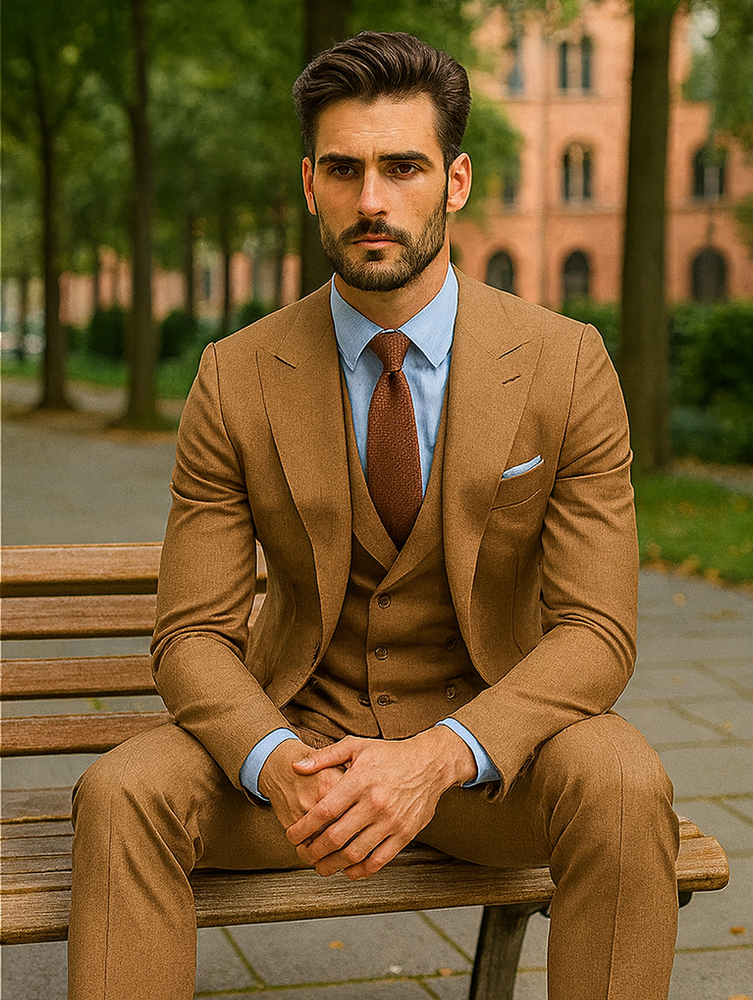 Classic Men’s Camel Brown Suit – Slim Fit 3-Piece Ensemble