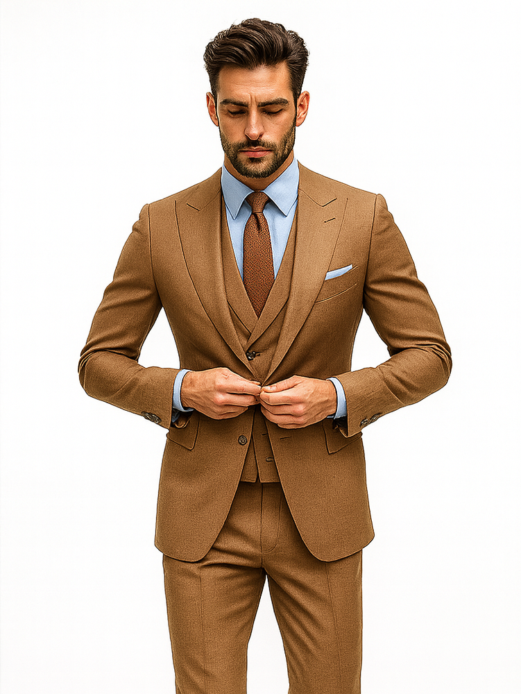 Classic Men’s Camel Brown Suit – Slim Fit 3-Piece Ensemble