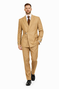 Men’s Camel Double Breasted Wool Suit with Metal Buckle Closure