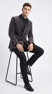 Mens Charcoal Gray Velvet Tuxedo Suit – Luxury Formal Wedding Suit with Black Shawl Lapel for Prom, Party Black Pants