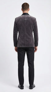Mens Charcoal Gray Velvet Tuxedo Suit – Luxury Formal Wedding Suit with Black Shawl Lapel for Prom, Party Black Pants