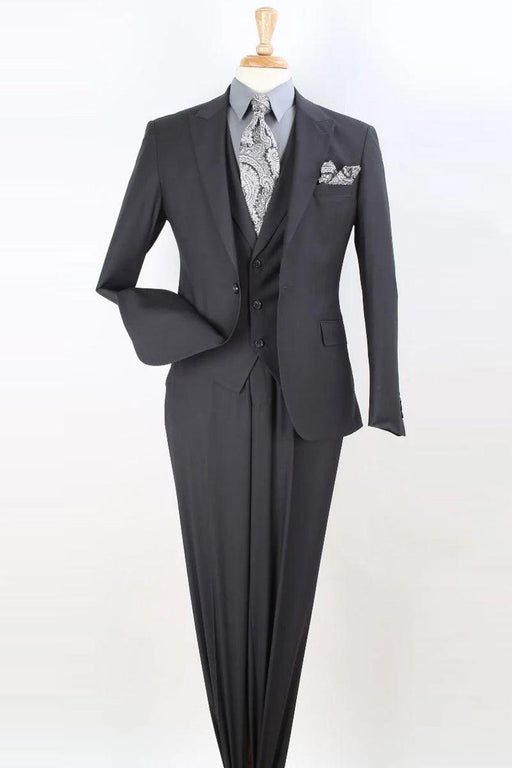 Mens Charcoal Grey Modern Fit 1-Btn Peak Lapel Vested Suit - Apollo King - USA Men's Outlet