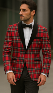 Mens Christmas Holiday Tuxedo Jacket Regular Fit in Red Tartan Plaid