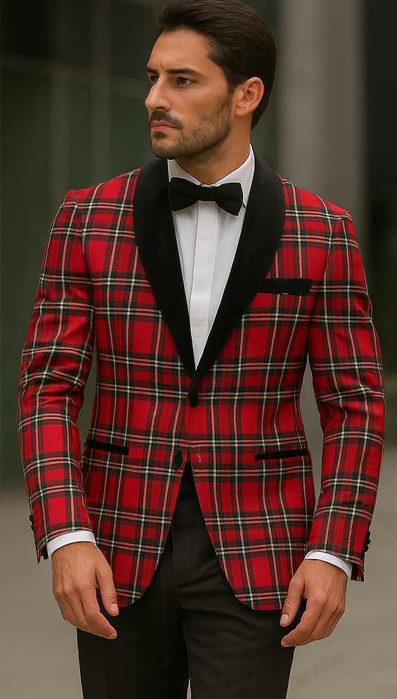 Mens Christmas Holiday Tuxedo Jacket Regular Fit in Red Tartan Plaid