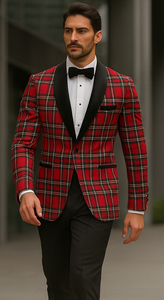 Mens Christmas Holiday Tuxedo Jacket Regular Fit in Red Tartan Plaid