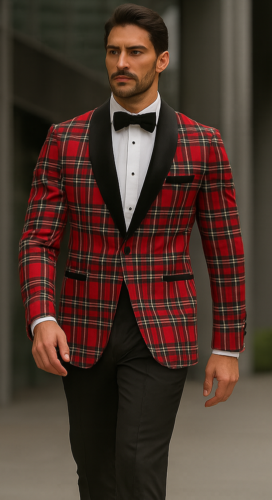 Mens Christmas Holiday Tuxedo Jacket Regular Fit in Red Tartan Plaid