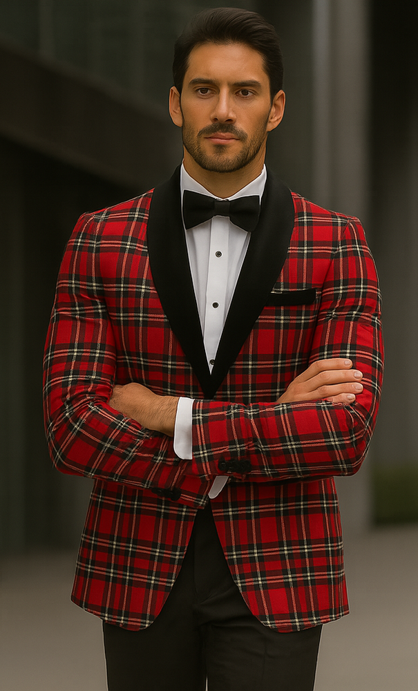 Mens Christmas Holiday Tuxedo Jacket Regular Fit in Red Tartan Plaid