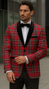 Mens Christmas Holiday Tuxedo Jacket Regular Fit in Red Tartan Plaid