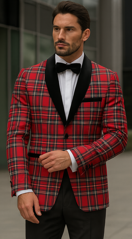 Mens Christmas Holiday Tuxedo Jacket Regular Fit in Red Tartan Plaid