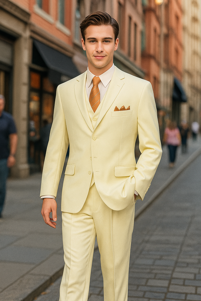 Mens Classic Fit Three Button Vested Pleated Pant Suit in Ivory