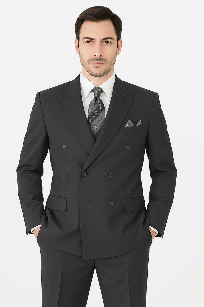 Mens Classic Wool Feel Double Breasted Suit in Heather Grey