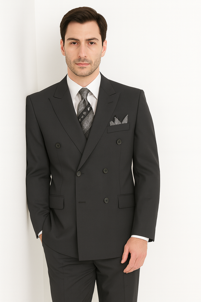Mens Classic Wool Feel Double Breasted Suit in Heather Grey