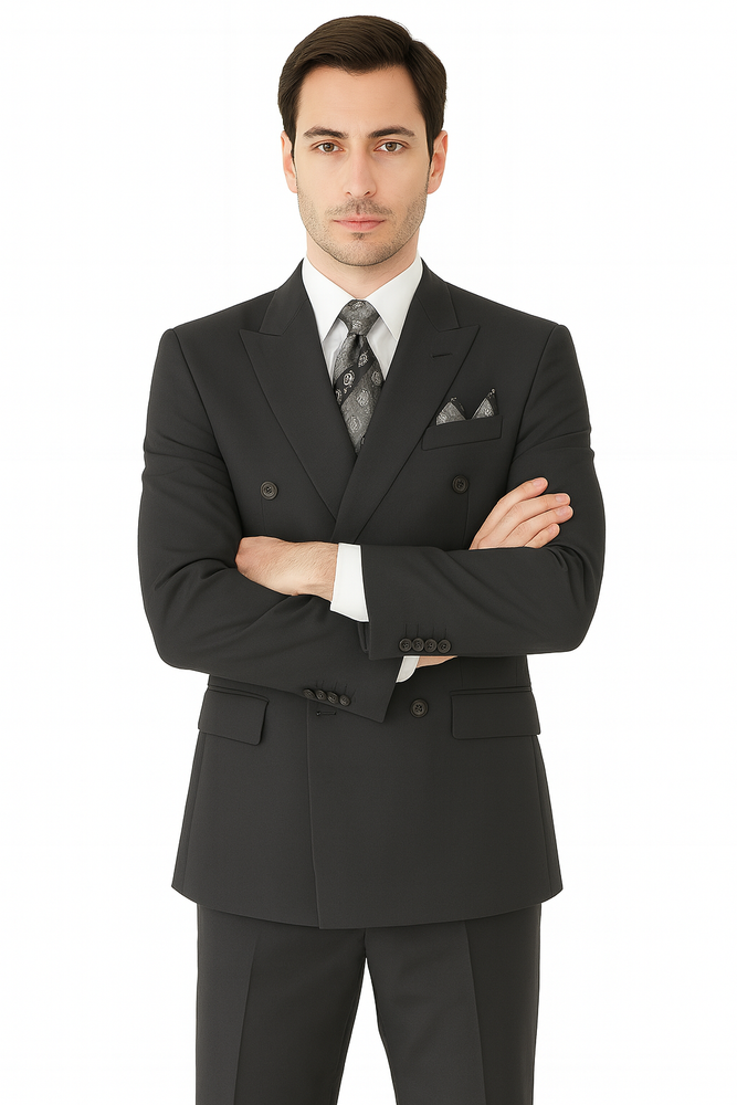 Mens Classic Wool Feel Double Breasted Suit in Heather Grey