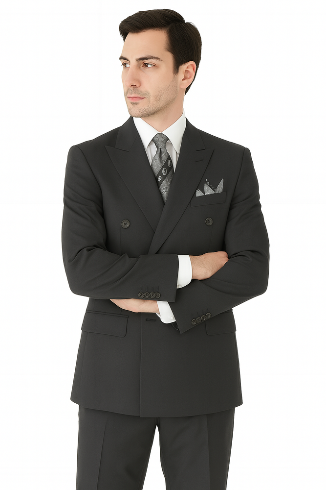 Mens Classic Wool Feel Double Breasted Suit in Heather Grey