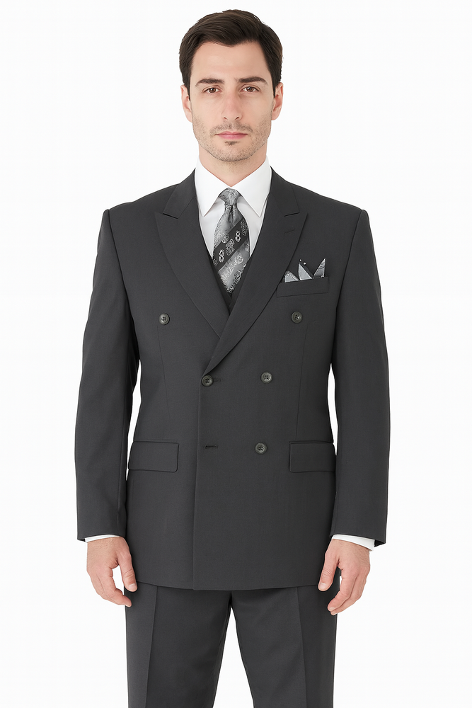 Mens Classic Wool Feel Double Breasted Suit in Heather Grey